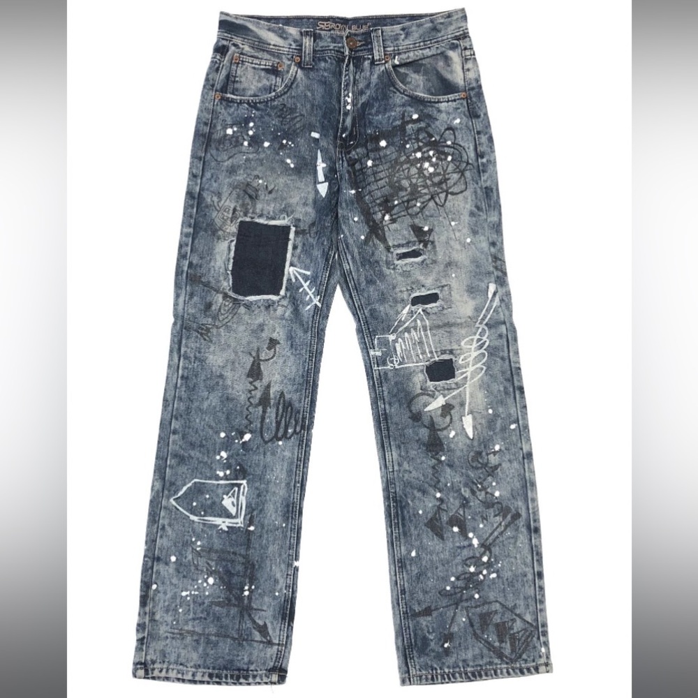 ROYAL BLUE APPAREL, Patch Printed Extreme Wash Straight Fit Jean COLOR: POWER